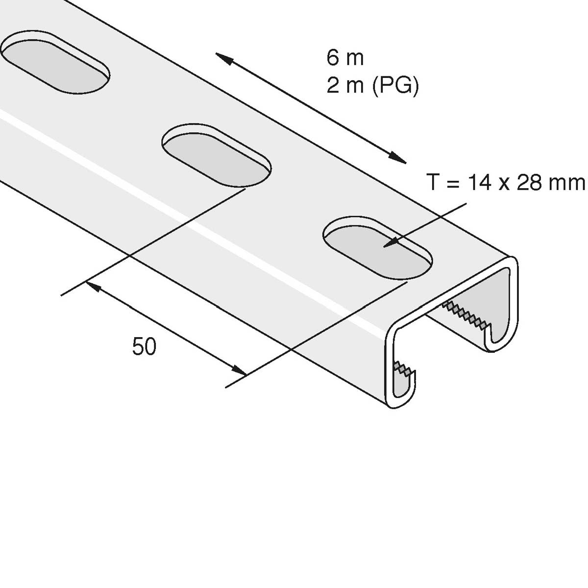 Kraftig 41x21 mm profilskinne med huller